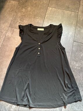 Black Flutter Sleeve Henley Tank Top - 3-Button Front